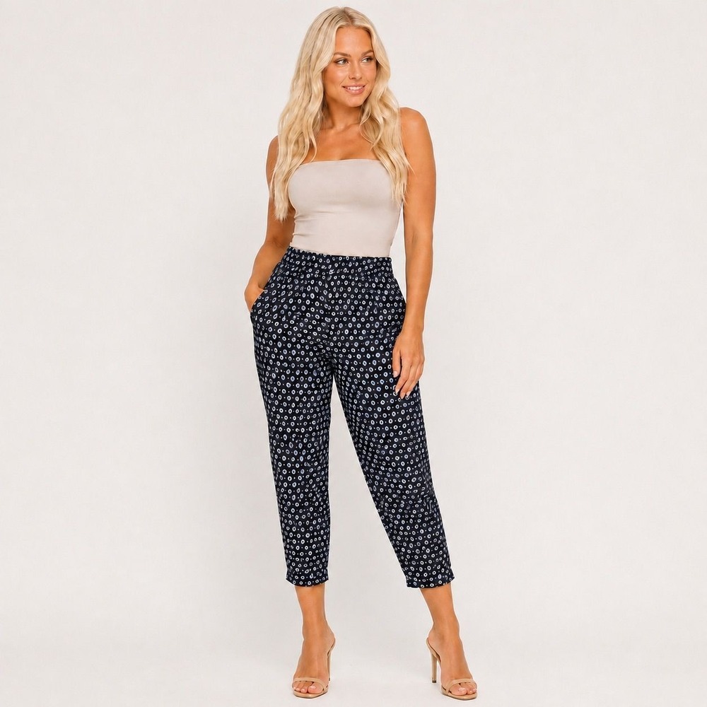 Cynthia Rowley Navy Blue Ikat Print Rayon Pull-On Capri Pants Pockets
